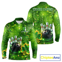 Load image into Gallery viewer, Happy St Patrick's Day Green and Gold Shamrock Bowling Shirts For Men Custom Team Bowling Jersey NQS11630