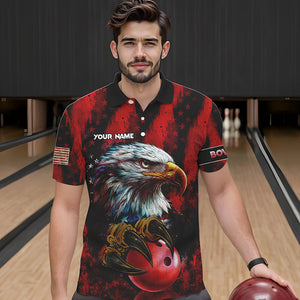 American Flag Eagle Bowling Polo, Quarter Zip Shirts For Men Custom Name Patriotic Bowling Team Jersey NQS9660