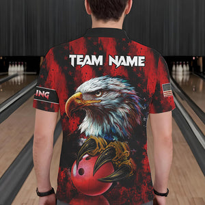 American Flag Eagle Bowling Polo, Quarter Zip Shirts For Men Custom Name Patriotic Bowling Team Jersey NQS9660