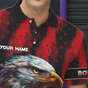 American Flag Eagle Bowling Polo, Quarter Zip Shirts For Men Custom Name Patriotic Bowling Team Jersey NQS9660