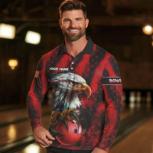 American Flag Eagle Bowling Polo, Quarter Zip Shirts For Men Custom Name Patriotic Bowling Team Jersey NQS9660