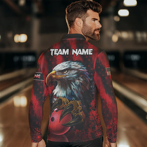 American Flag Eagle Bowling Polo, Quarter Zip Shirts For Men Custom Name Patriotic Bowling Team Jersey NQS9660