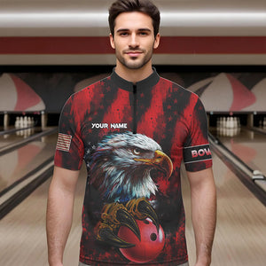 American Flag Eagle Bowling Polo, Quarter Zip Shirts For Men Custom Name Patriotic Bowling Team Jersey NQS9660