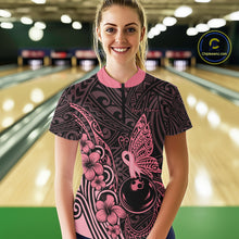 Load image into Gallery viewer, Black and Pink tropical tribal pattern butterfly Bowling Shirts For Women Custom Bowling Team Jerseys NQS11731