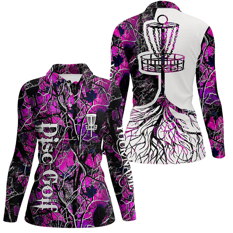 Womens disc golf polo shirt custom name pink camo disc golf basket, personalized disc golf shirts NQS5695