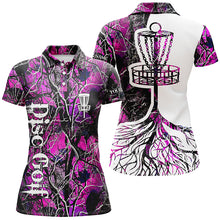 Load image into Gallery viewer, Womens disc golf polo shirt custom name pink camo disc golf basket, personalized disc golf shirts NQS5695