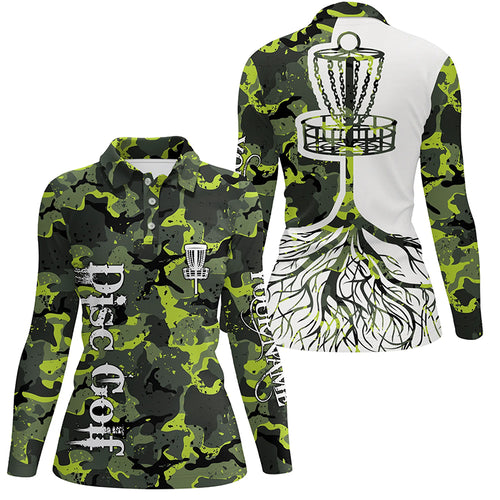 Womens disc golf polo shirt custom name green camo disc golf basket, personalized disc golf shirts NQS5697