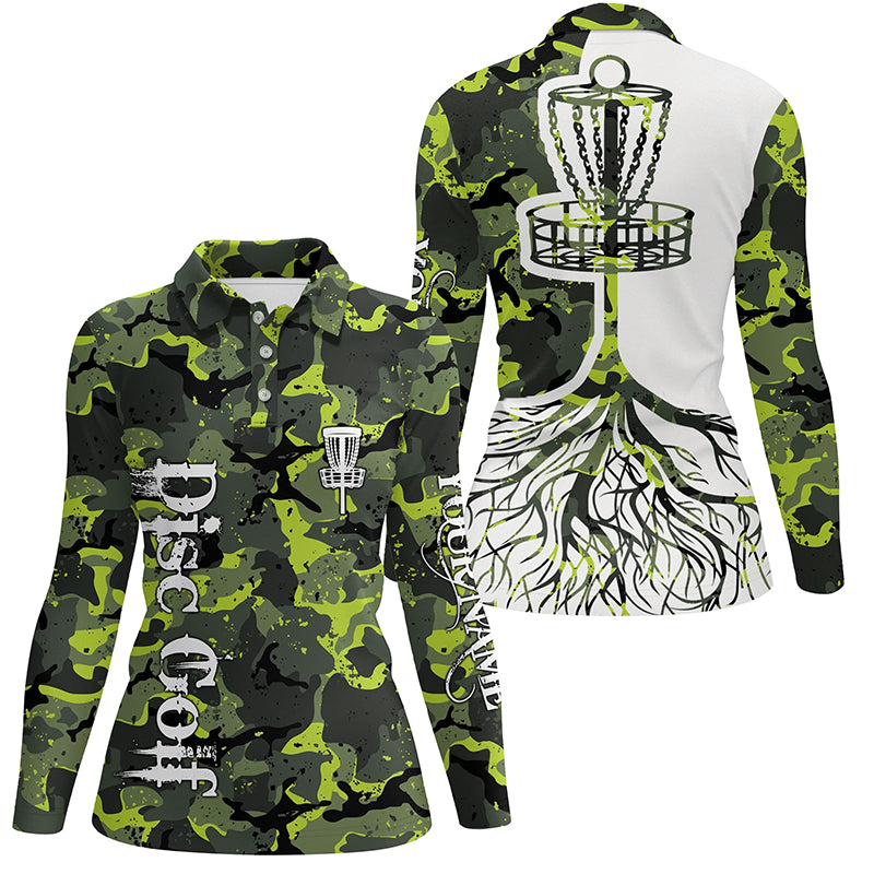 Womens disc golf polo shirt custom name green camo disc golf basket, personalized disc golf shirts NQS5697