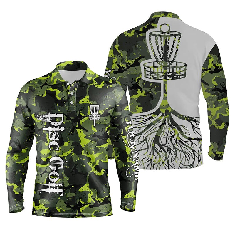 Mens disc golf polo shirt custom name green camo disc golf basket, personalized disc golf shirts NQS5697