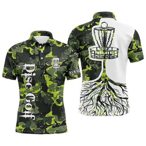 Mens disc golf polo shirt custom name green camo disc golf basket, personalized disc golf shirts NQS5697