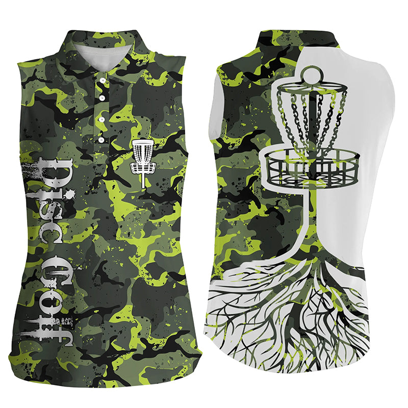 Womens disc golf sleeveless polo shirt green camo disc golf basket, personalized disc golf shirts NQS5697