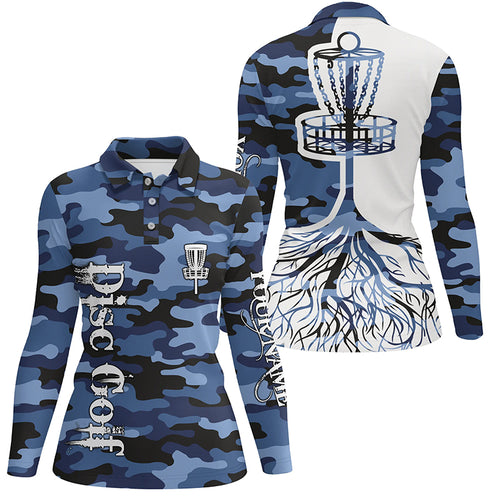 Womens disc golf polo shirt custom name blue camo disc golf basket, personalized disc golf shirts NQS5698
