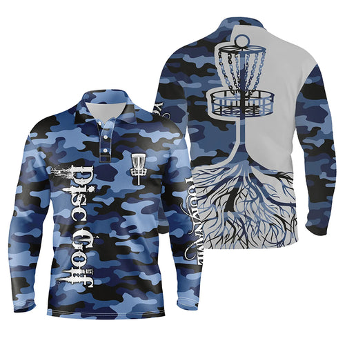 Mens disc golf polo shirt custom name blue camo disc golf basket, personalized disc golf shirts NQS5698