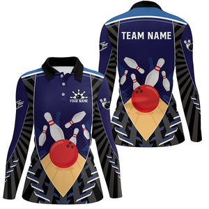 Blue Bowling Polo, Quarter Zip shirts for women custom retro bowling ball & pins team bowling jerseys NQS7796