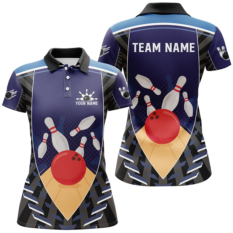 Blue Bowling Polo, Quarter Zip shirts for women custom retro bowling ball & pins team bowling jerseys NQS7796