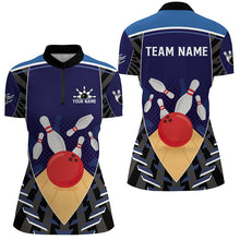 Load image into Gallery viewer, Blue Bowling Polo, Quarter Zip shirts for women custom retro bowling ball &amp; pins team bowling jerseys NQS7796