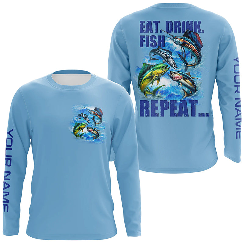 Saltwater offshore Fishing Custom Long Sleeve Performance Fishing shirts Eat Drink Fish Repeat | Blue NQS5918