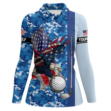 Load image into Gallery viewer, Blue camo American Flag Eagle Women golf polo shirts custom patriotic golf outfits for ladies NQS8028