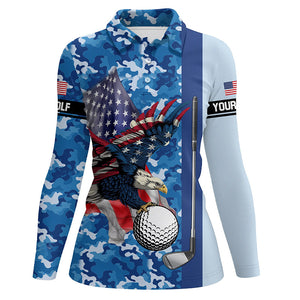 Blue camo American Flag Eagle Women golf polo shirts custom patriotic golf outfits for ladies NQS8028