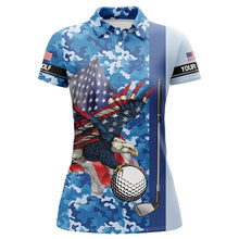 Load image into Gallery viewer, Blue camo American Flag Eagle Women golf polo shirts custom patriotic golf outfits for ladies NQS8028