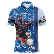 Load image into Gallery viewer, Blue camo American Flag Eagle Mens golf polo shirts custom patriotic golf outfits for men, golf gifts NQS8028