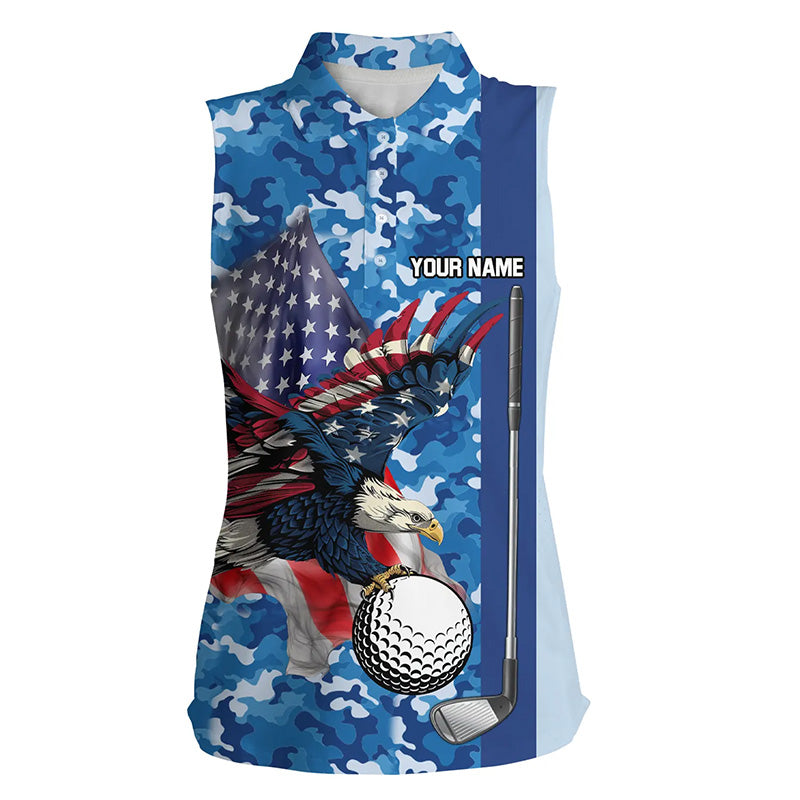 Blue camo American Flag Eagle Women sleeveless polo shirts custom patriotic golf outfits for ladies NQS8028