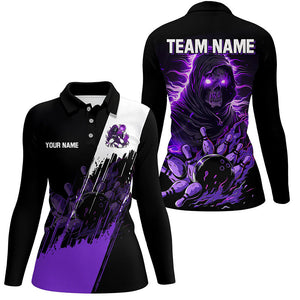 Black and Purple Skull reaper bowling jerseys Polo, 1/4 Zip Shirt for Women Custom Bowling Team shirts NQS8031