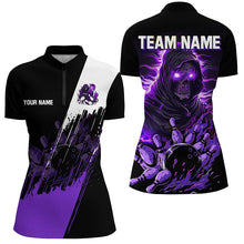 Load image into Gallery viewer, Black and Purple Skull reaper bowling jerseys Polo, 1/4 Zip Shirt for Women Custom Bowling Team shirts NQS8031