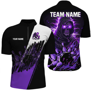 Black and Purple Skull reaper bowling jerseys Polo, 1/4 Zip Shirt for Men Custom Bowling Team shirts NQS8031