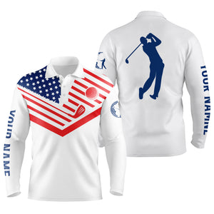Mens golf polo shirt American flag 4th July patriot custom name white golf shirt NQS3732