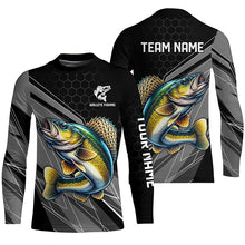 Load image into Gallery viewer, Personalized Black camo Walleye Fishing Jerseys, Walleye Long Sleeve Fishing Tournament Shirts NQS8449