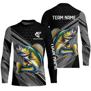 Personalized Black camo Walleye Fishing Jerseys, Walleye Long Sleeve Fishing Tournament Shirts NQS8449