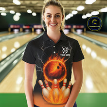 Load image into Gallery viewer, Custom Black and Orange Flame Lightning Bowling Polo, 1/4 Zip Shirt For Women, Team Bowling Outfit NQS10855