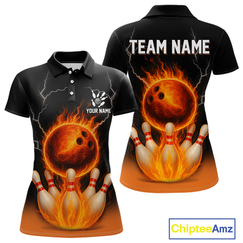 Custom Black and Orange Flame Lightning Bowling Polo, 1/4 Zip Shirt For Women, Team Bowling Outfit NQS10855