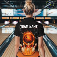 Load image into Gallery viewer, Custom Black and Orange Flame Lightning Bowling Polo, 1/4 Zip Shirt For Women, Team Bowling Outfit NQS10855