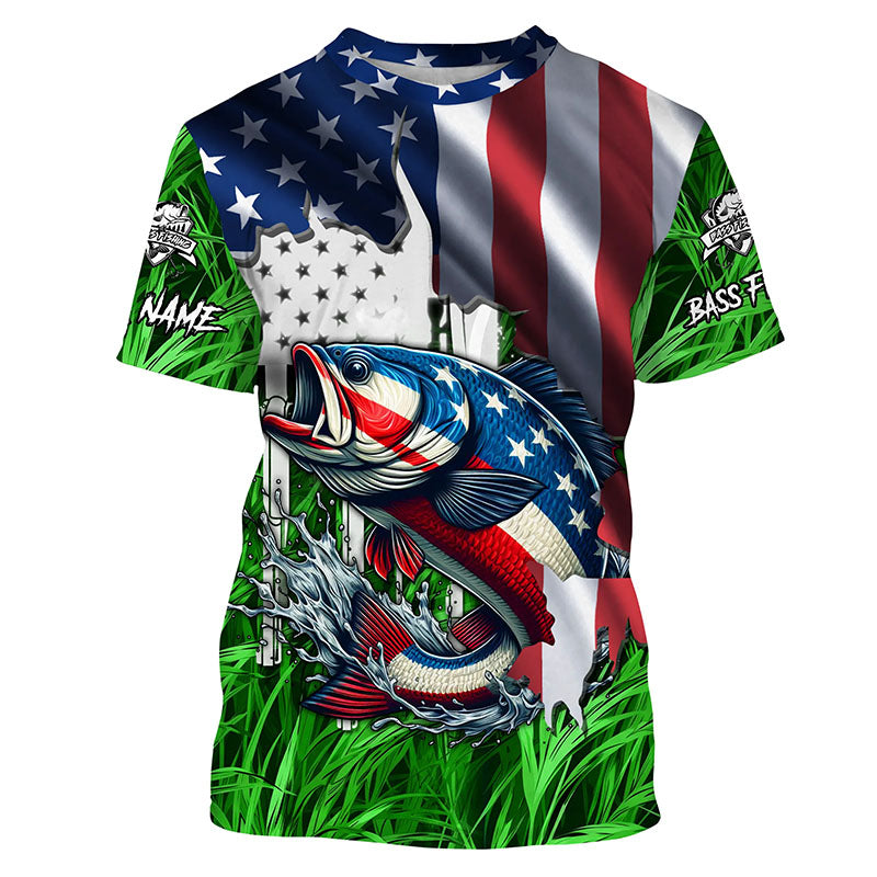 American flag patriotic Largemouth Bass green camo fishing, custom long sleeve sun protection shirts NQS1132