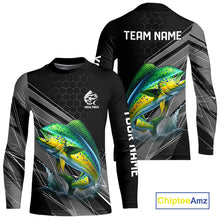 Load image into Gallery viewer, Personalized Black camo Mahi mahi Fishing Jersey, Dorado Long Sleeve Fishing Tournament Shirts NQS11034