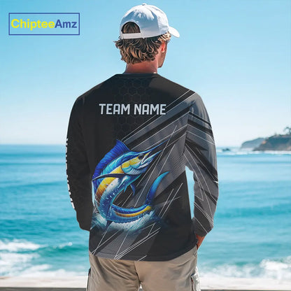 Personalized Black camo Marlin Fishing Jerseys, Marlin Long Sleeve Fishing Tournament Shirts NQS11035