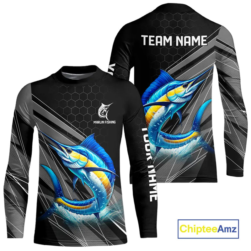 Personalized Black camo Marlin Fishing Jerseys, Marlin Long Sleeve Fishing Tournament Shirts NQS11035
