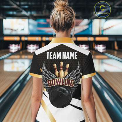 Black and Gold Bowling ball wings Bowling Polo, 1/4 Zip Shirts for Women Custom Bowling Team jersey NQS11043