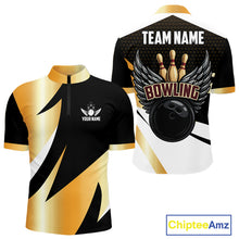 Load image into Gallery viewer, Black and Gold Bowling ball wings Bowling Polo, Quarter Zip Shirts for Men Custom Bowling Team jersey NQS11043