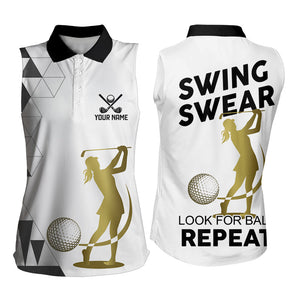 Black White Womens Sleeveless Polo Shirt custom Swing, swear, look for ball repeat golf tops for women NQS9158