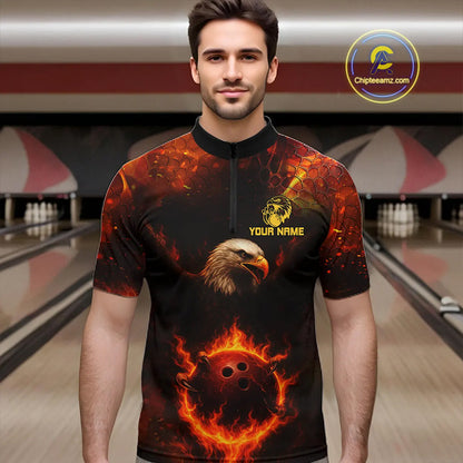 Personalized Flame Eagle Bowling Polo, Quarter Zip Shirts For Men Custom Team Eagle Bowling Jerseys NQS11236