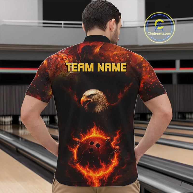 Personalized Flame Eagle Bowling Polo, Quarter Zip Shirts For Men Custom Team Eagle Bowling Jerseys NQS11236