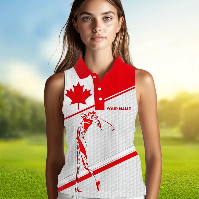 Personalized Canadian flag patriotic golf white Womens sleeveless polo shirt custom ladies golf tops NQS9356