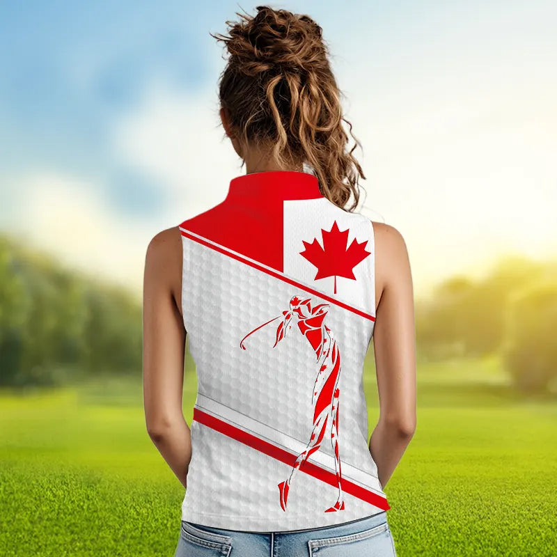 Personalized Canadian flag patriotic golf white Womens sleeveless polo shirt custom ladies golf tops NQS9356