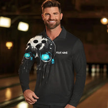 Load image into Gallery viewer, Black and Blue Skull Men&#39;s Bowling Polo, Quarter Zip shirts Custom Skull Team Bowling Jersey NQS9361