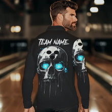 Load image into Gallery viewer, Black and Blue Skull Men&#39;s Bowling Polo, Quarter Zip shirts Custom Skull Team Bowling Jersey NQS9361