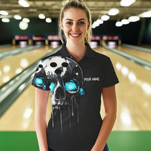 Load image into Gallery viewer, Black and Blue Skull Women&#39;s Bowling Polo, Quarter Zip shirts Custom Skull Team Bowling Jersey NQS9361