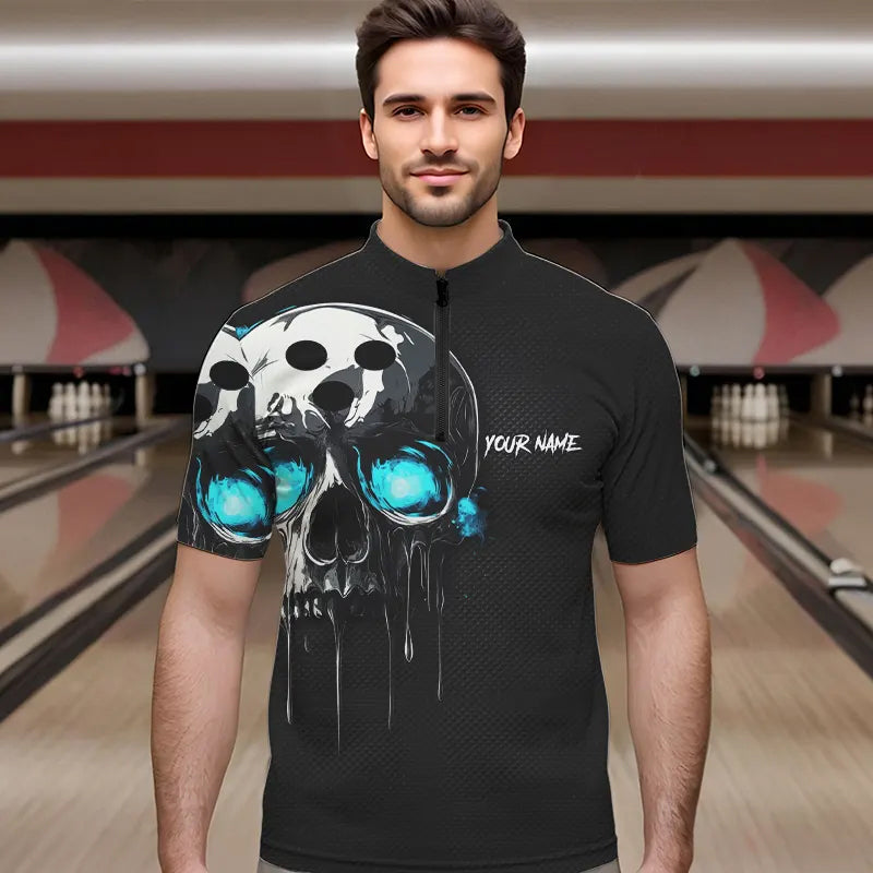 Black and Blue Skull Men's Bowling Polo, Quarter Zip shirts Custom Skull Team Bowling Jersey NQS9361